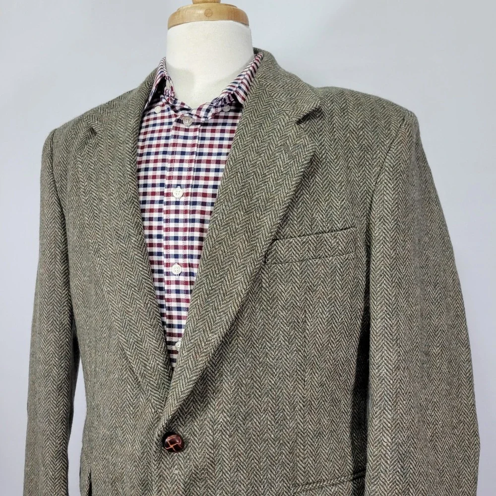 Robert Stock Classics Men's Tweed‎ Sport Coat Blazer Olive Herringbone Wool 42S
